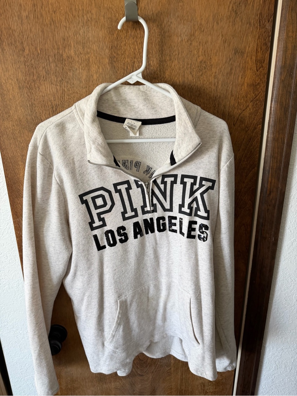 PINK Victoria's Secret Cream Quarter-Zip Pullover with Black Logo